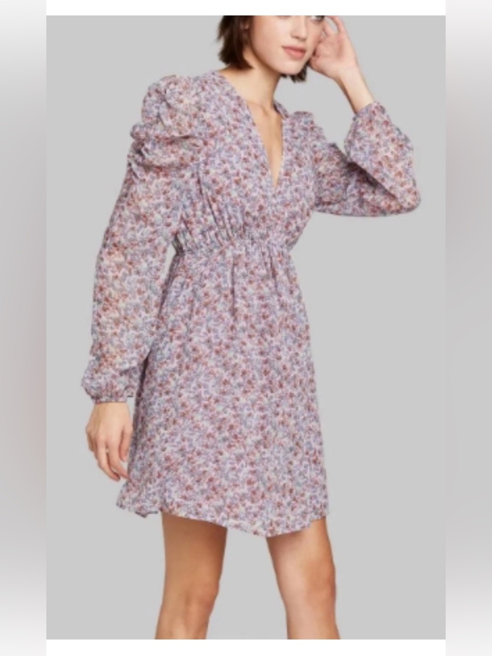 Mini Dress XS Purple Floral Puffed Sleeves Feminine Babydoll Romantic Garden